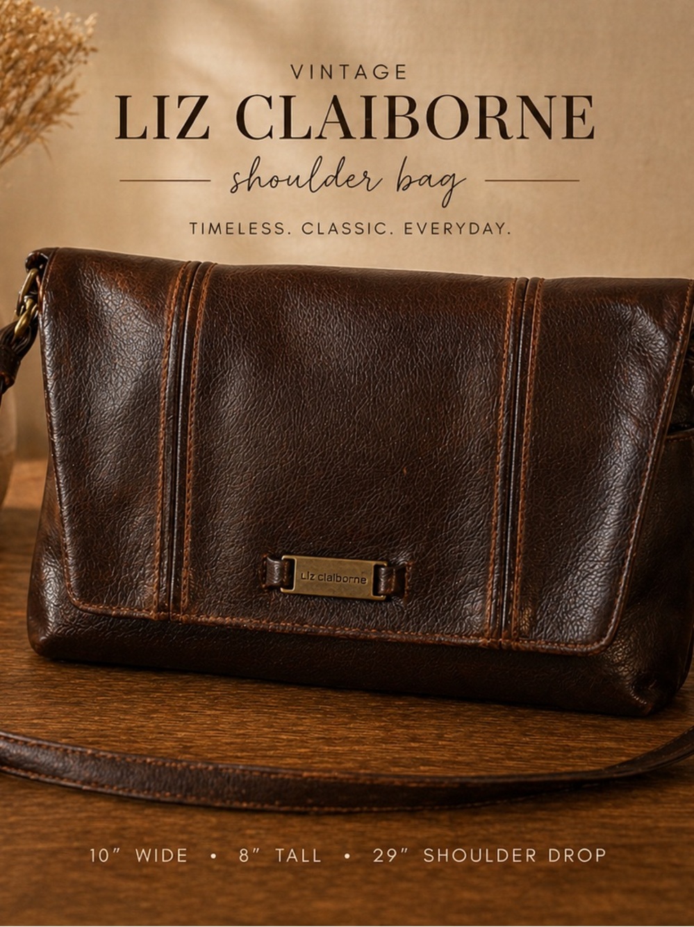 Liz Claiborne Dark Brown Leather Messenger Shoulder Bag